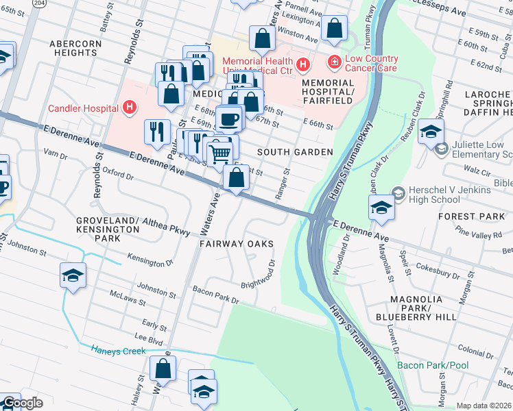 map of restaurants, bars, coffee shops, grocery stores, and more near 1201 West Waters Drive in Savannah