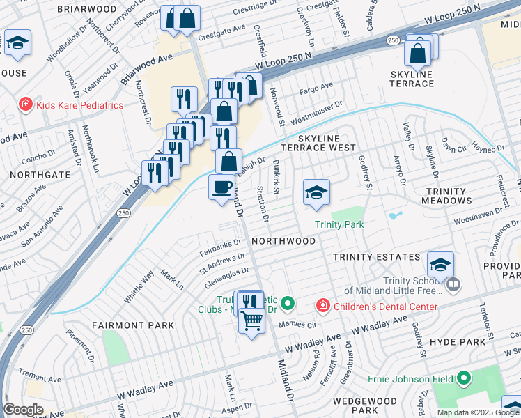 map of restaurants, bars, coffee shops, grocery stores, and more near 4301 Downing Avenue in Midland