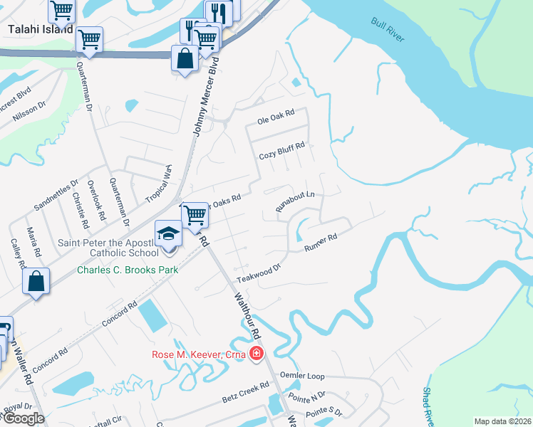 map of restaurants, bars, coffee shops, grocery stores, and more near 18 Barnacle Court in Savannah