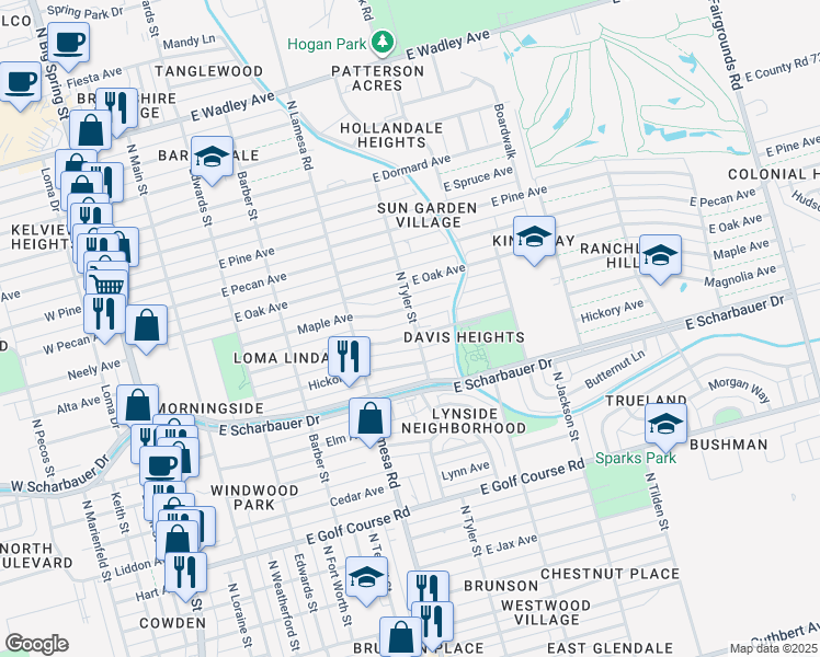 map of restaurants, bars, coffee shops, grocery stores, and more near 1119 Magnolia Avenue in Midland