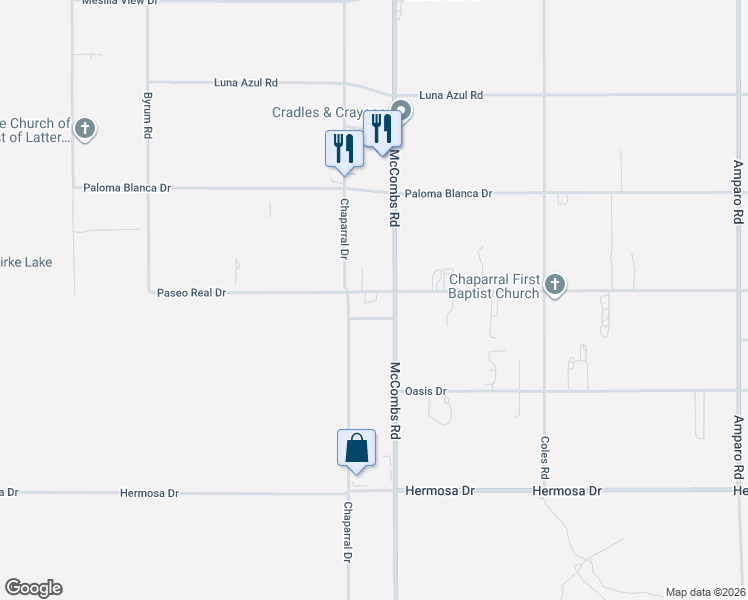 map of restaurants, bars, coffee shops, grocery stores, and more near 303 East El Paseo Drive in Chaparral
