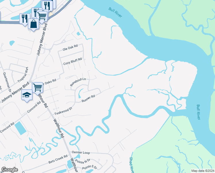 map of restaurants, bars, coffee shops, grocery stores, and more near 148 Runner Road in Savannah