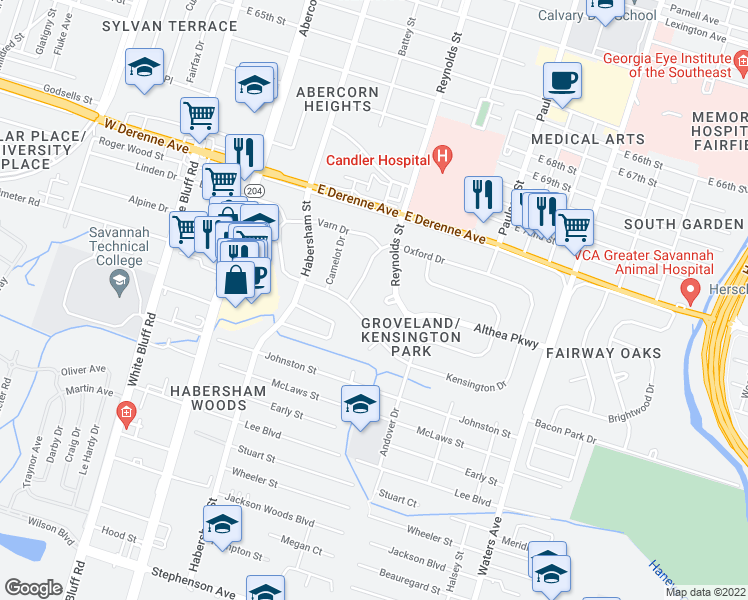 map of restaurants, bars, coffee shops, grocery stores, and more near 5 Reynolds Court in Savannah