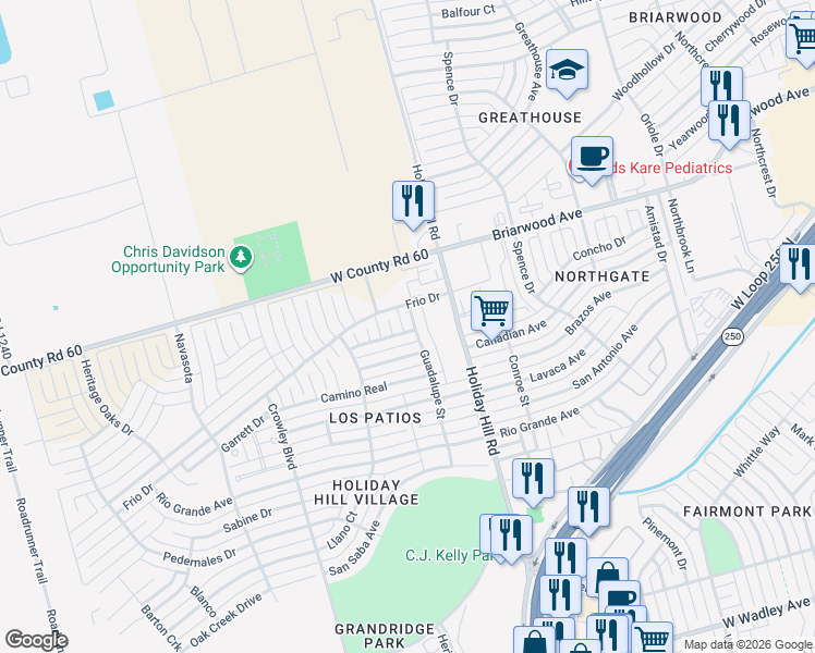 map of restaurants, bars, coffee shops, grocery stores, and more near 4423-4599 Farm Road 1369 in Midland