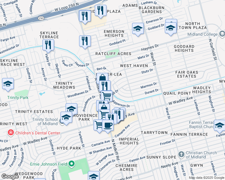 map of restaurants, bars, coffee shops, grocery stores, and more near 3303 Durant Dr in Midland