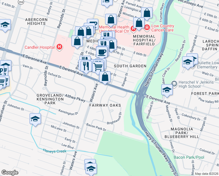 map of restaurants, bars, coffee shops, grocery stores, and more near 1201 West Waters Drive in Savannah