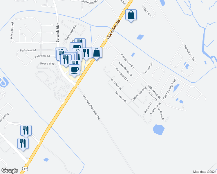 map of restaurants, bars, coffee shops, grocery stores, and more near 240 Fontenot Drive in Savannah