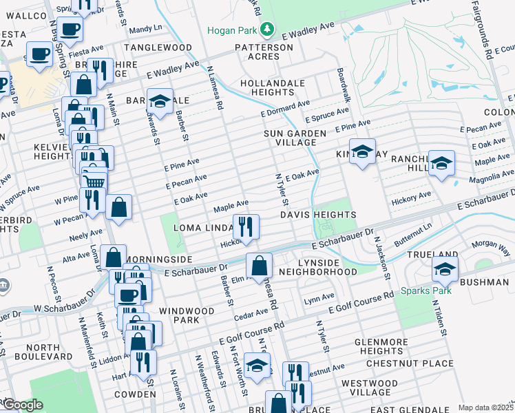 map of restaurants, bars, coffee shops, grocery stores, and more near 1104 Maple Ave in Midland
