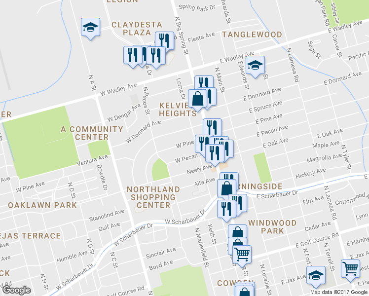 map of restaurants, bars, coffee shops, grocery stores, and more near 409 West Pine Avenue in Midland