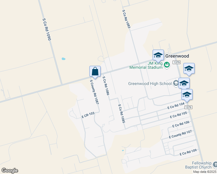 map of restaurants, bars, coffee shops, grocery stores, and more near 2101 South Co Road 1086 in Midland