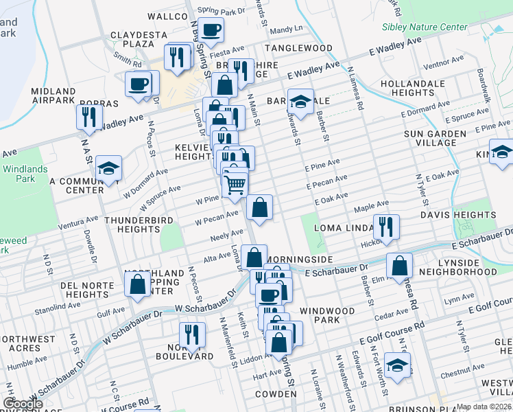 map of restaurants, bars, coffee shops, grocery stores, and more near 113 West Pecan Avenue in Midland