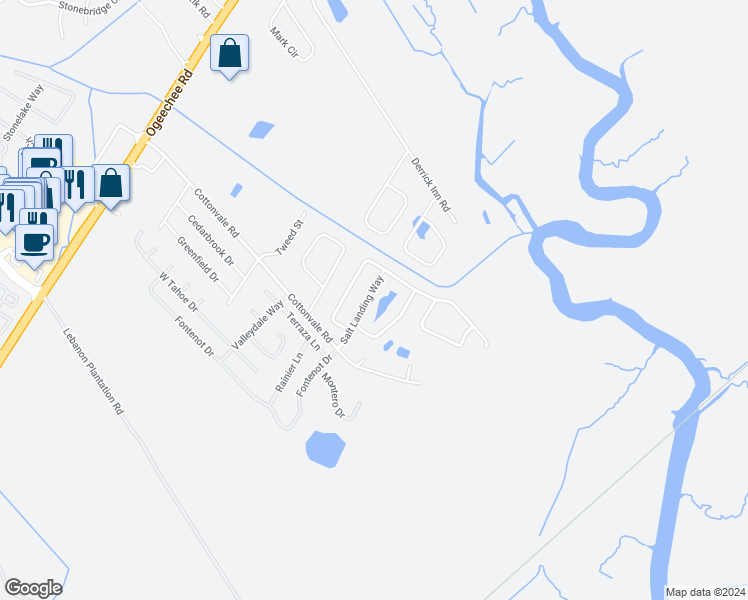 map of restaurants, bars, coffee shops, grocery stores, and more near 18 Salt Landing Way in Savannah