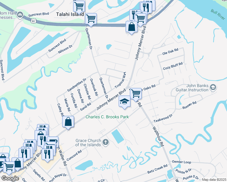 map of restaurants, bars, coffee shops, grocery stores, and more near 7201 Tropical Way in Savannah