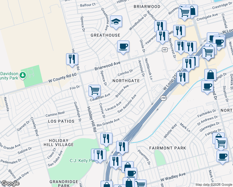 map of restaurants, bars, coffee shops, grocery stores, and more near 5200 Brazos Court in Midland