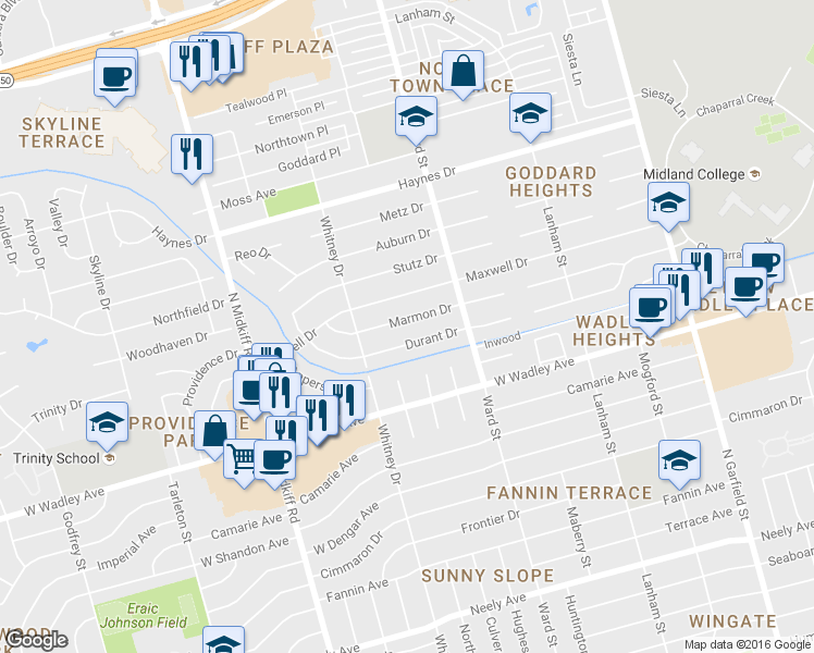 map of restaurants, bars, coffee shops, grocery stores, and more near 2815 Marmon Drive in Midland