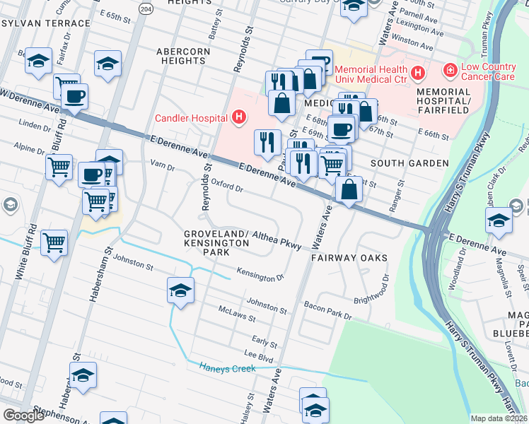 map of restaurants, bars, coffee shops, grocery stores, and more near 129 Andover Drive in Savannah