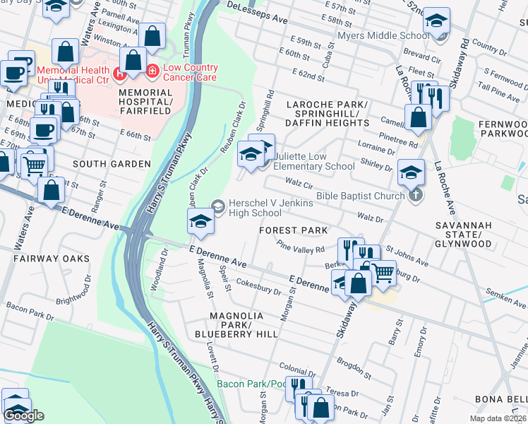 map of restaurants, bars, coffee shops, grocery stores, and more near 9 Blueridge Avenue in Savannah