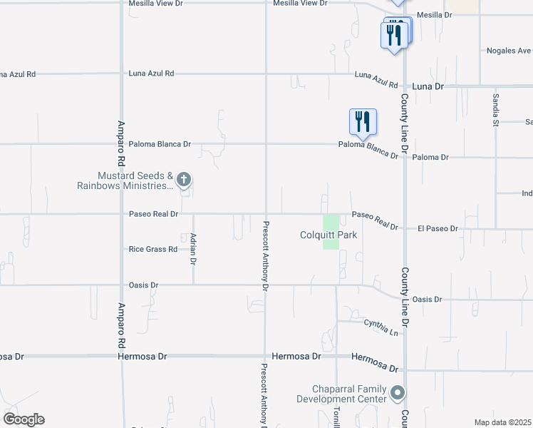 map of restaurants, bars, coffee shops, grocery stores, and more near 599 Paseo Real Drive in Chaparral