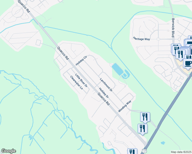 map of restaurants, bars, coffee shops, grocery stores, and more near 207 Larchmont Drive in Savannah