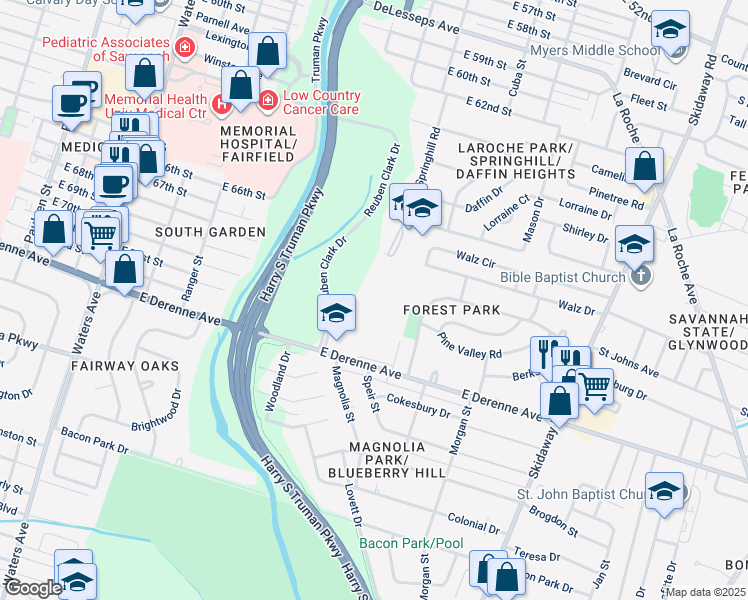 map of restaurants, bars, coffee shops, grocery stores, and more near 1800 East DeRenne Avenue in Savannah