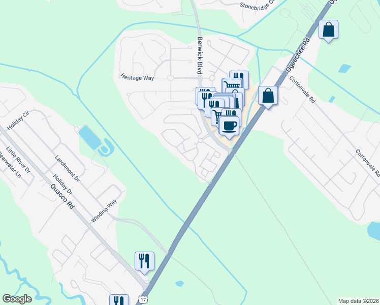 map of restaurants, bars, coffee shops, grocery stores, and more near 1503 Fenwick Village Drive in Savannah