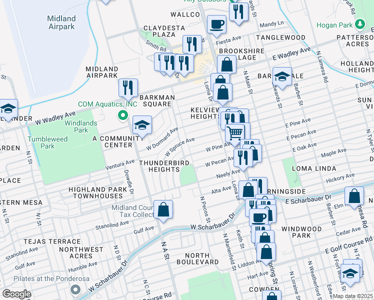 map of restaurants, bars, coffee shops, grocery stores, and more near 700 West Pine Avenue in Midland