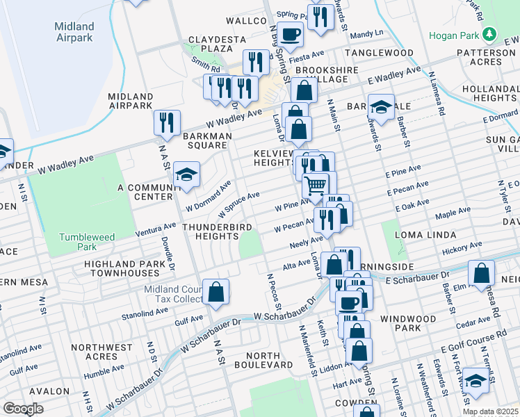 map of restaurants, bars, coffee shops, grocery stores, and more near 440 West Pine Avenue in Midland