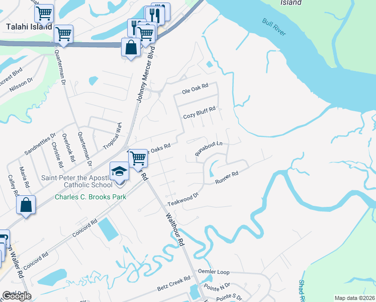 map of restaurants, bars, coffee shops, grocery stores, and more near 18 Barnacle Court in Savannah