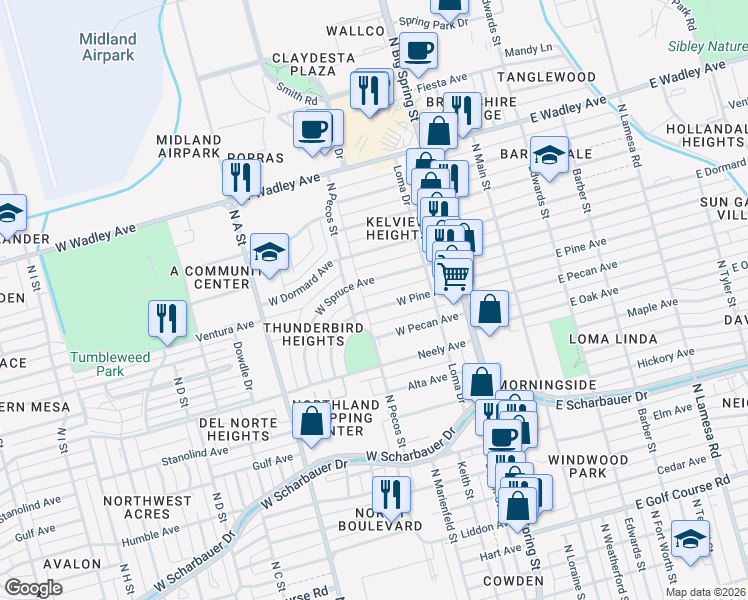 map of restaurants, bars, coffee shops, grocery stores, and more near 440 West Pine Avenue in Midland