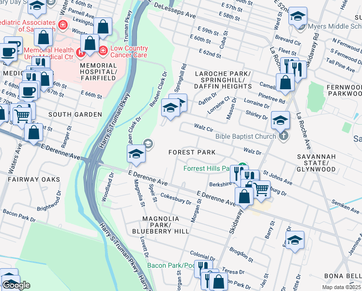 map of restaurants, bars, coffee shops, grocery stores, and more near 15 Blue Ridge Avenue in Savannah