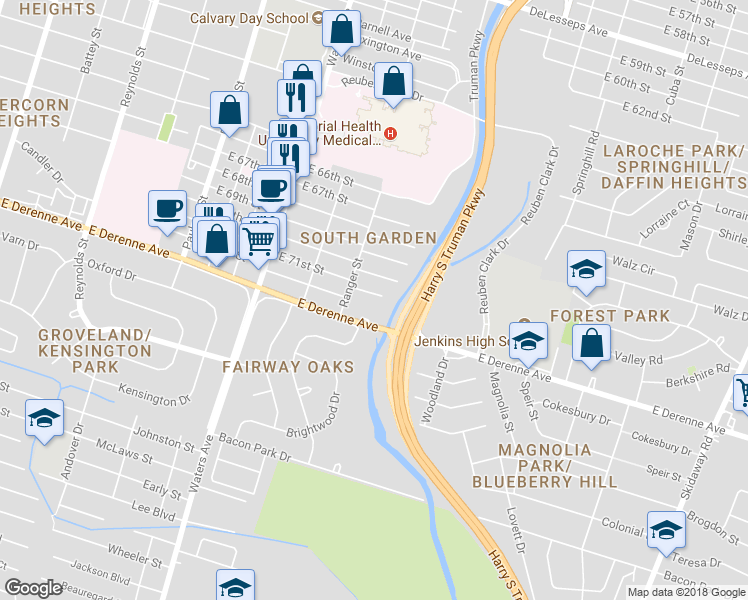 map of restaurants, bars, coffee shops, grocery stores, and more near 1311 East 71st Street in Savannah