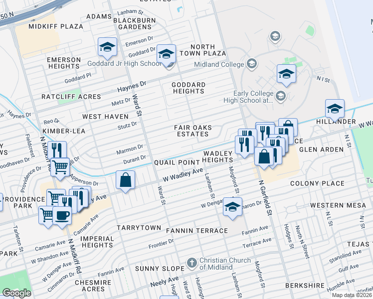 map of restaurants, bars, coffee shops, grocery stores, and more near 2512 Quail Point in Midland