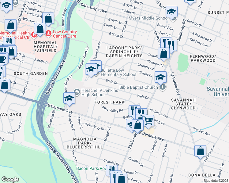 map of restaurants, bars, coffee shops, grocery stores, and more near 122 Timberline Drive in Savannah