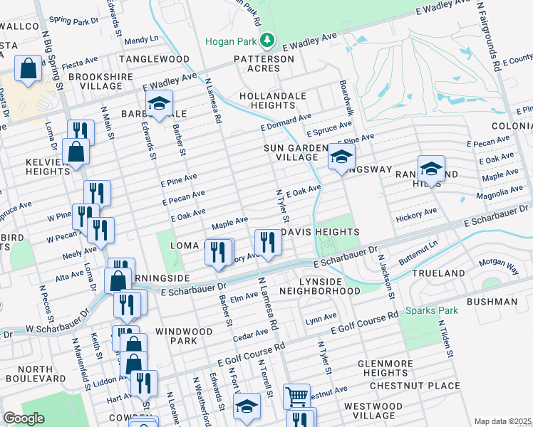 map of restaurants, bars, coffee shops, grocery stores, and more near 1104 Maple Ave in Midland