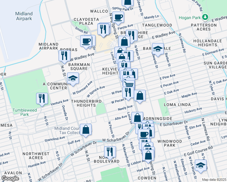 map of restaurants, bars, coffee shops, grocery stores, and more near 409 West Pine Avenue in Midland