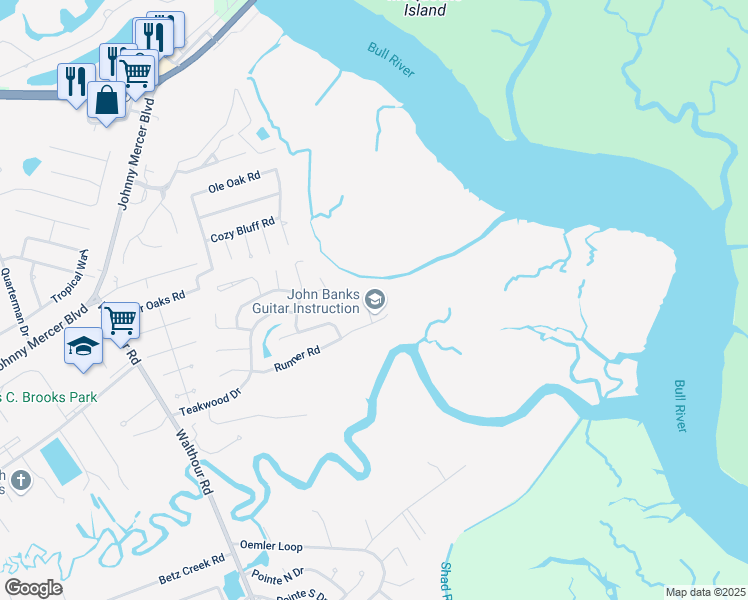 map of restaurants, bars, coffee shops, grocery stores, and more near 4 Highwater Court in Savannah