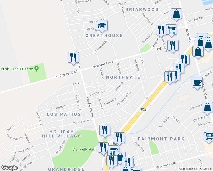 map of restaurants, bars, coffee shops, grocery stores, and more near 4305 Spence Drive in Midland