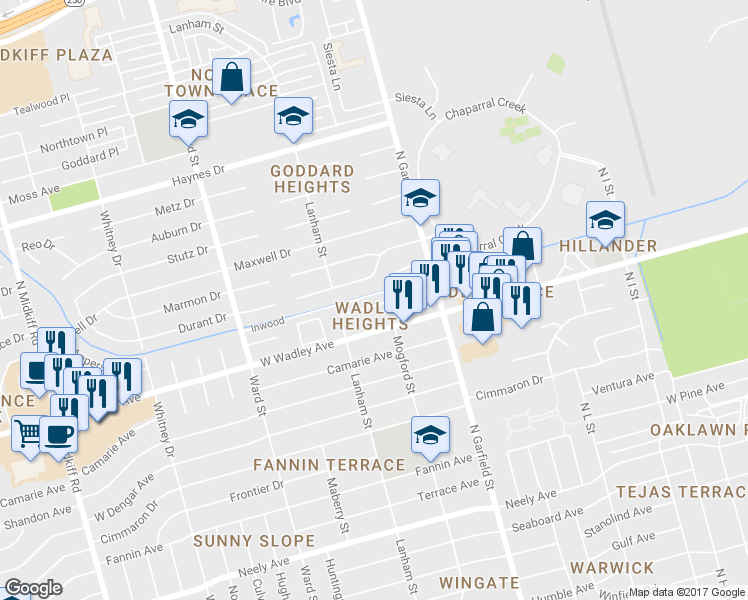 map of restaurants, bars, coffee shops, grocery stores, and more near 2410 West Wadley Avenue in Midland