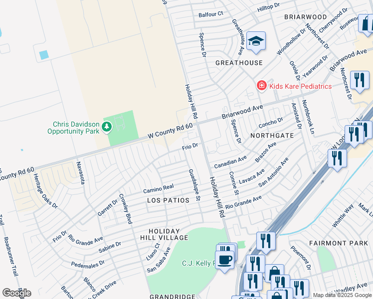 map of restaurants, bars, coffee shops, grocery stores, and more near 4418 Guadalupe Street in Midland