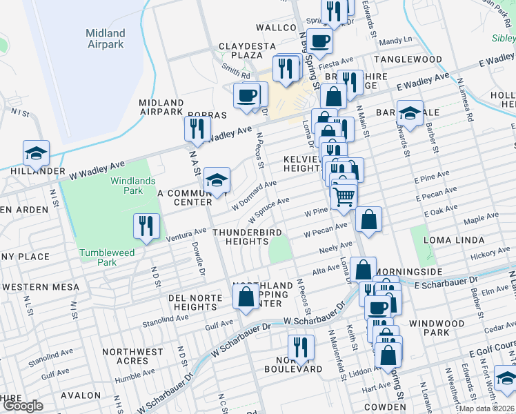 map of restaurants, bars, coffee shops, grocery stores, and more near 700 West Pine Avenue in Midland