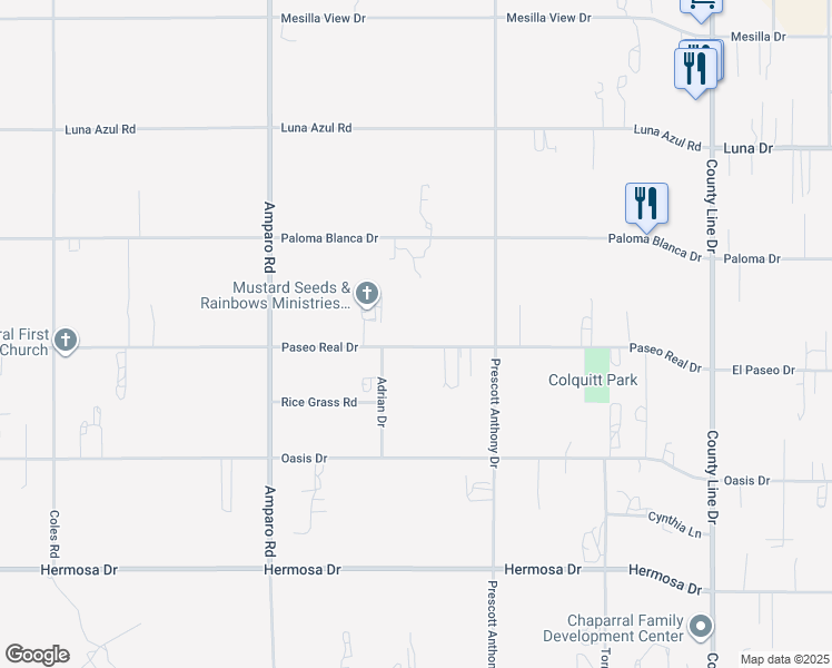 map of restaurants, bars, coffee shops, grocery stores, and more near 551-599 Paseo Real Dr in Chaparral