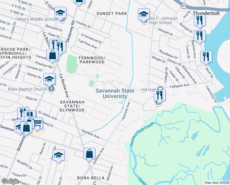 map of restaurants, bars, coffee shops, grocery stores, and more near 3219 College Street in Savannah