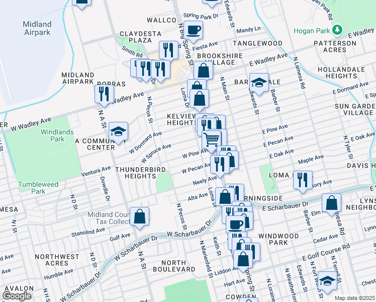 map of restaurants, bars, coffee shops, grocery stores, and more near 409 West Pine Avenue in Midland