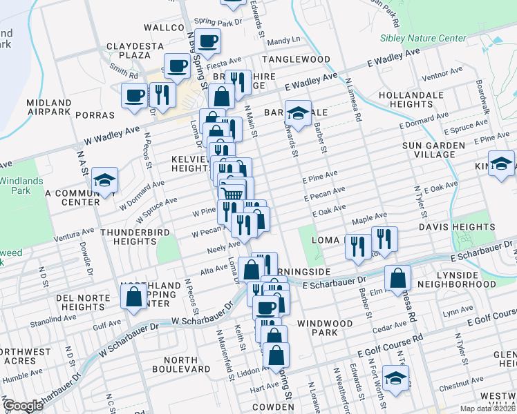map of restaurants, bars, coffee shops, grocery stores, and more near 113 W Pecan Ave in Midland