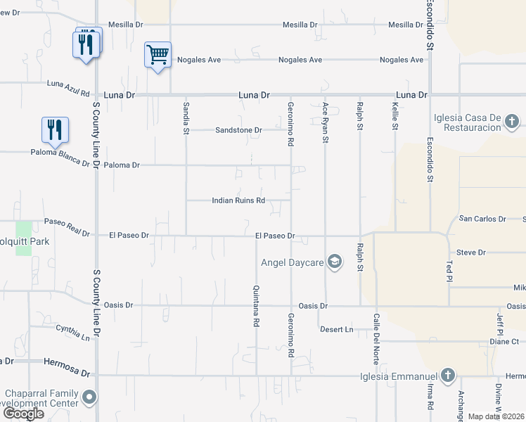 map of restaurants, bars, coffee shops, grocery stores, and more near 811 Indian Ruins Road in Chaparral