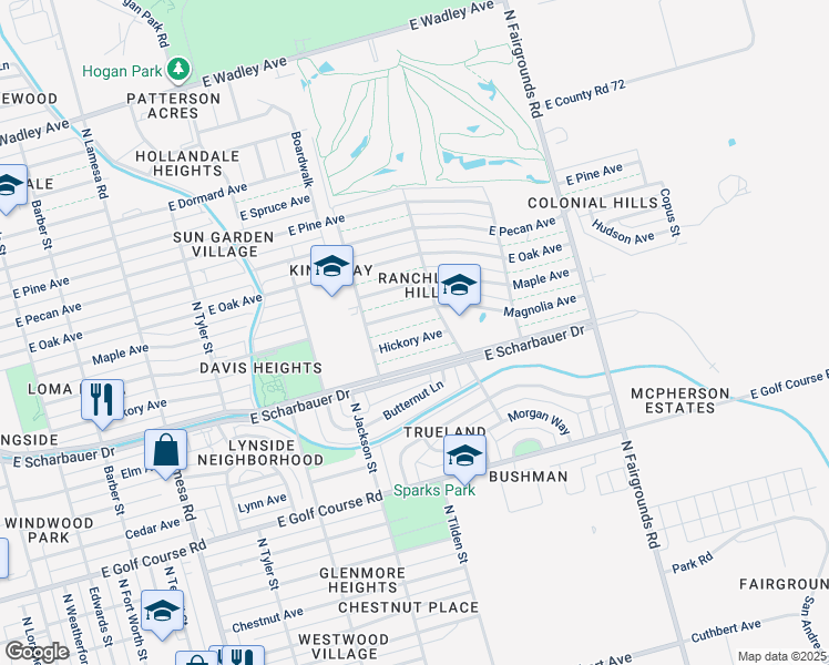 map of restaurants, bars, coffee shops, grocery stores, and more near 1611 Magnolia Avenue in Midland