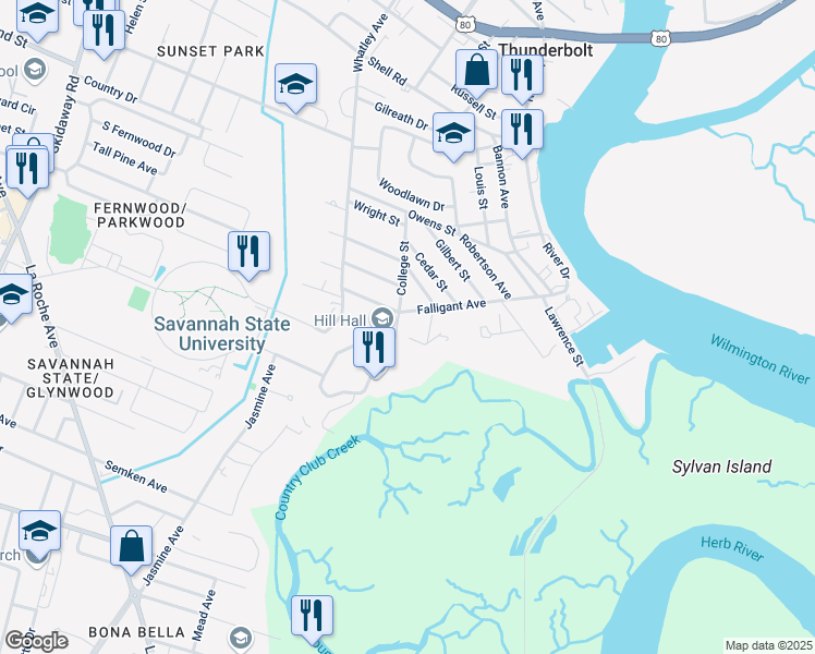 map of restaurants, bars, coffee shops, grocery stores, and more near 3202 Falligant Avenue in Savannah