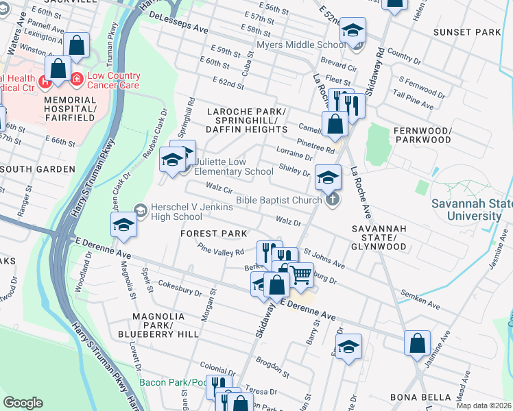 map of restaurants, bars, coffee shops, grocery stores, and more near 138 Walz Circle in Savannah