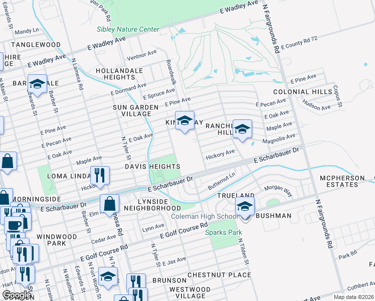 map of restaurants, bars, coffee shops, grocery stores, and more near 1400 East Oak Avenue in Midland