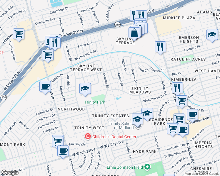 map of restaurants, bars, coffee shops, grocery stores, and more near 4107 Boulder Drive in Midland
